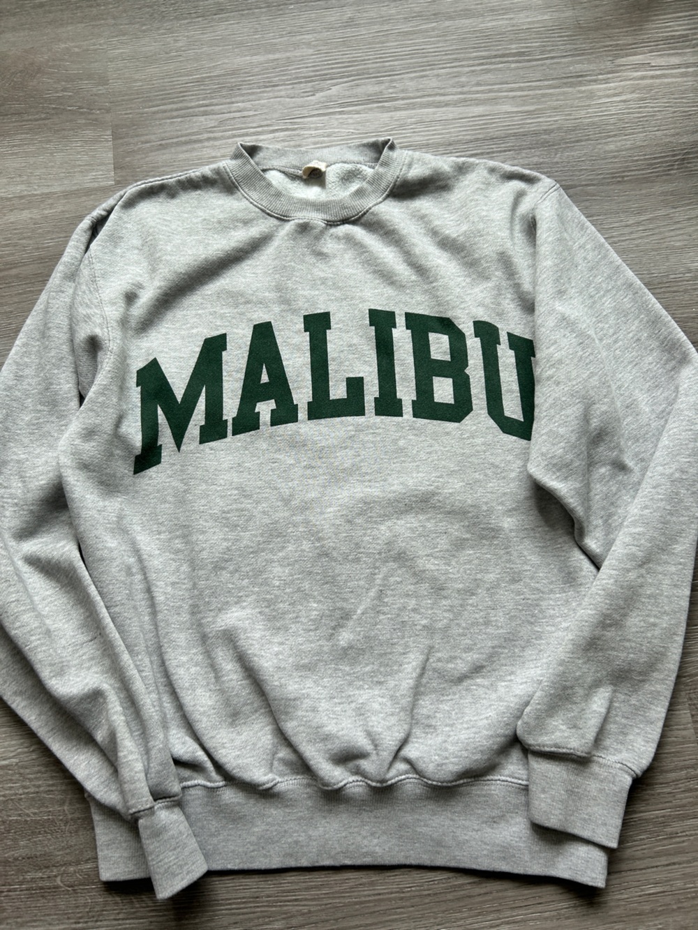 John Galt Gray Crewneck sweatshirt with Green "MALIBU" Lettering - OS